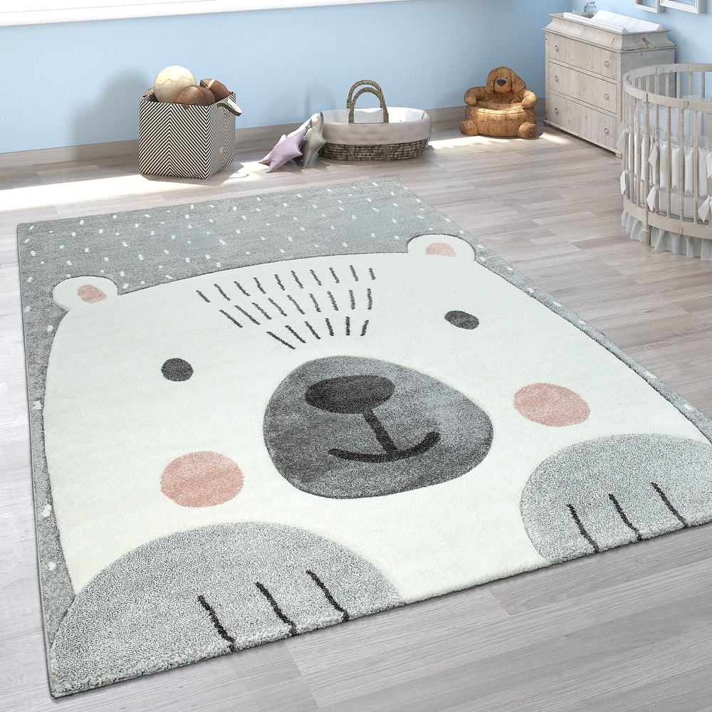 Kids Room Area Rug with a Cute Bear in 3D in Grey White