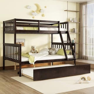 Twin Over Full Bunk Bed with Trundle, Bunk Bed with Ladder and Guardrails, Convertible to 2 Beds