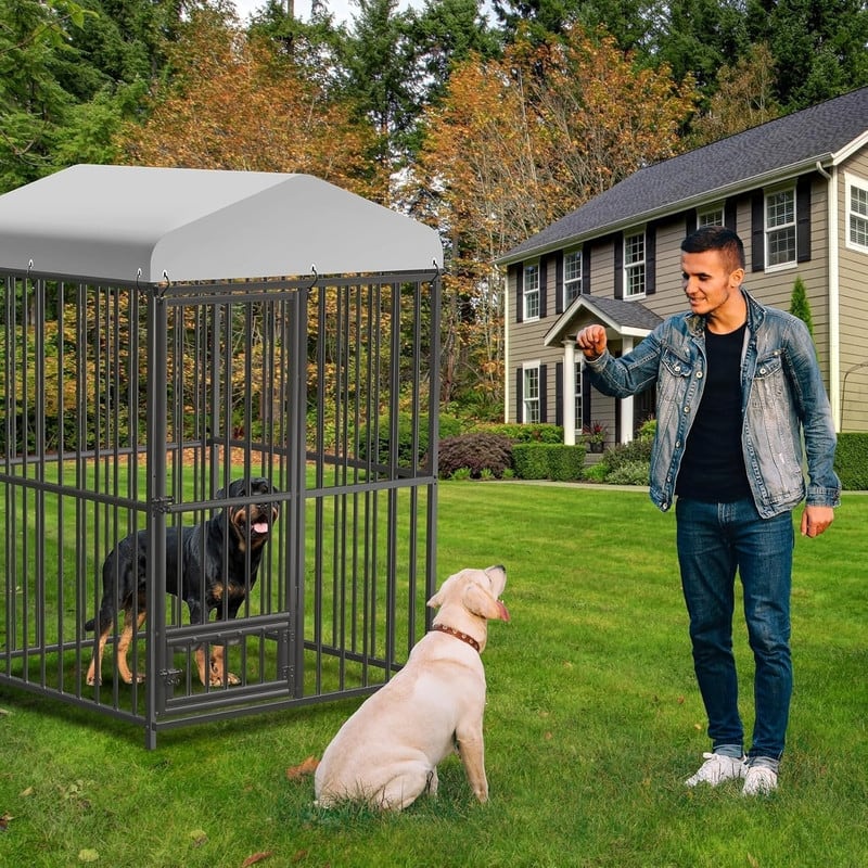Dog Cage Kennel with Rotating Feeding Bowl Waterproof Roof Cover
