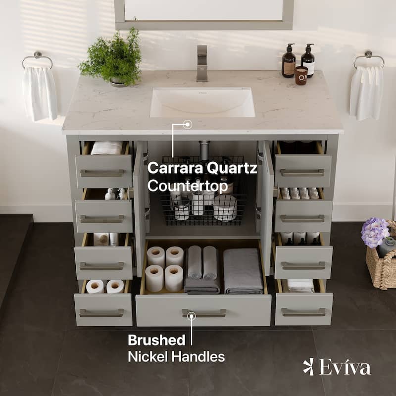 Eviva London 42"W Bath Vanity with Carrara Quartz Top & Undermount Sink