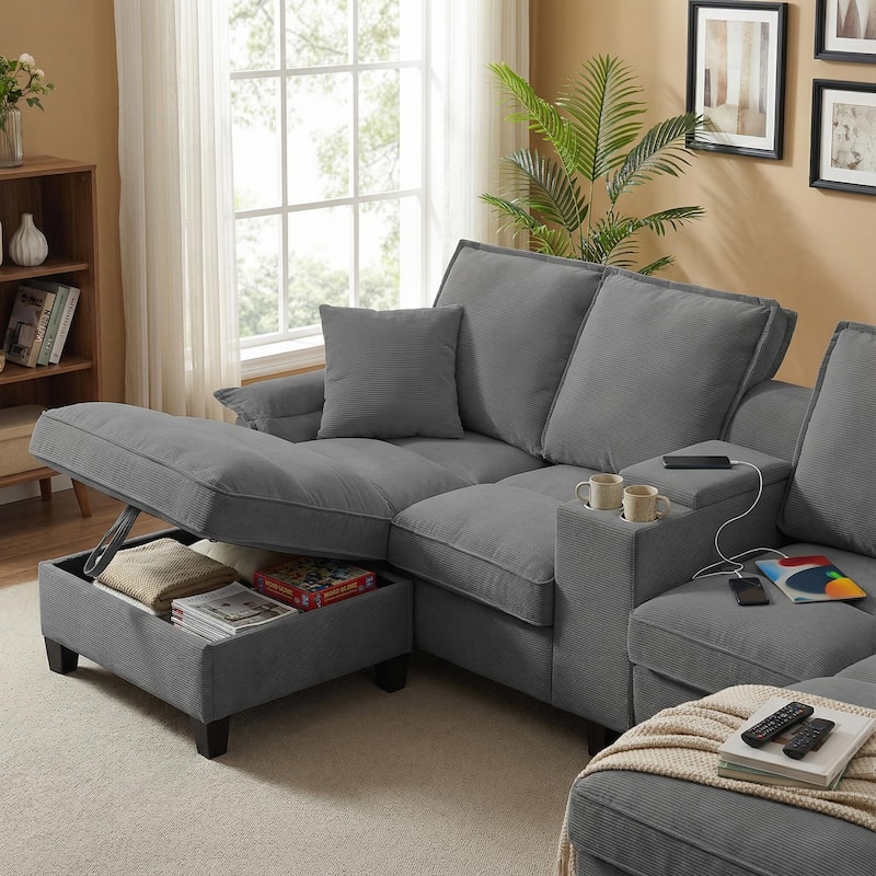 Homy Casa 120" U-Shaped Modular Corduroy Sectional Sofa Bed w/ Storage, Cup Holders & USB, 4-Seat (Beige/Green/Gray/Black)