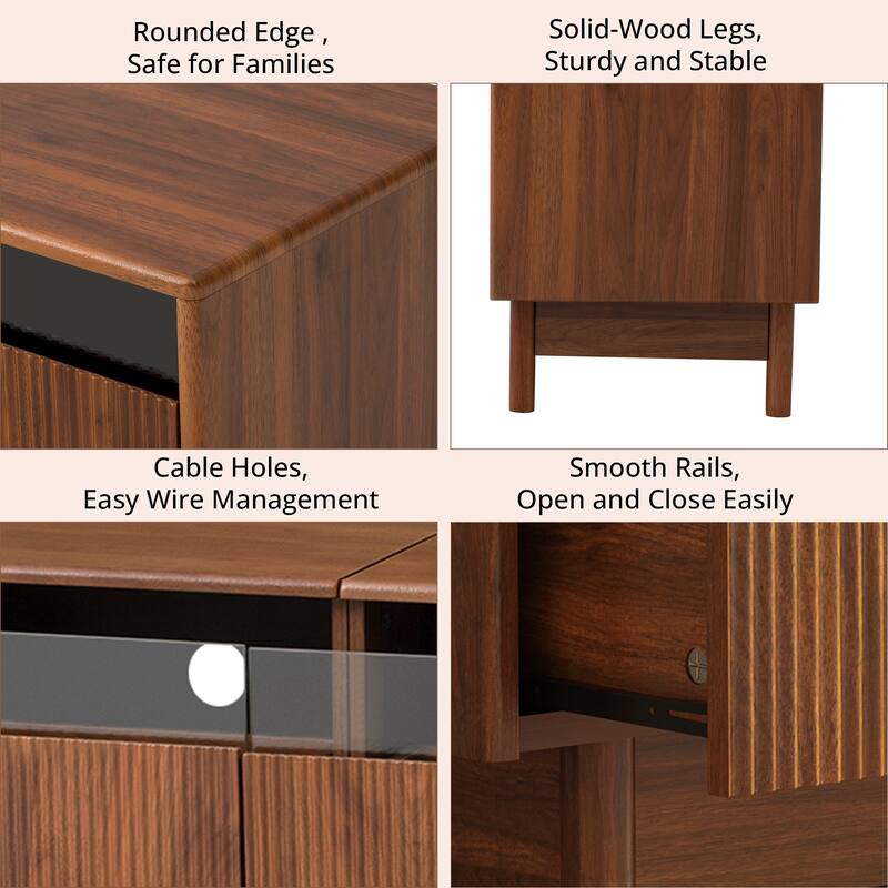 Fluted TV Stand Entertainment Center for 65 75 85" Televisions, Mid-Century Modern TV Console Table with Glass Drawers