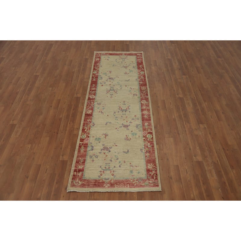 Hand Knotted Oriental 100% Wool Carpet Traditional Floral Beige & Ivories Ziegler Runner Rug - 8' 3'' X 2' 8''