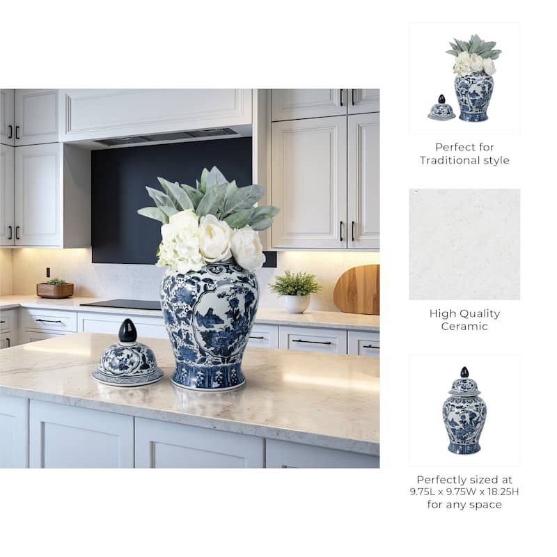 Ceramic Chinoiserie Floral Decorative Temple Jar - Blue 18"