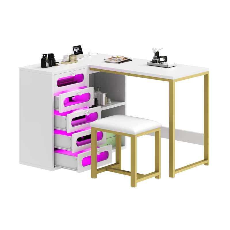 L Shaped Nail Desk with Stool RGB Lights USB Outlets and Drawers for Home or Studio