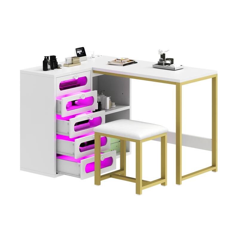Moasis 5 Drawers L-Shape Nail Desk Set with Cushioned Stool and LED Light