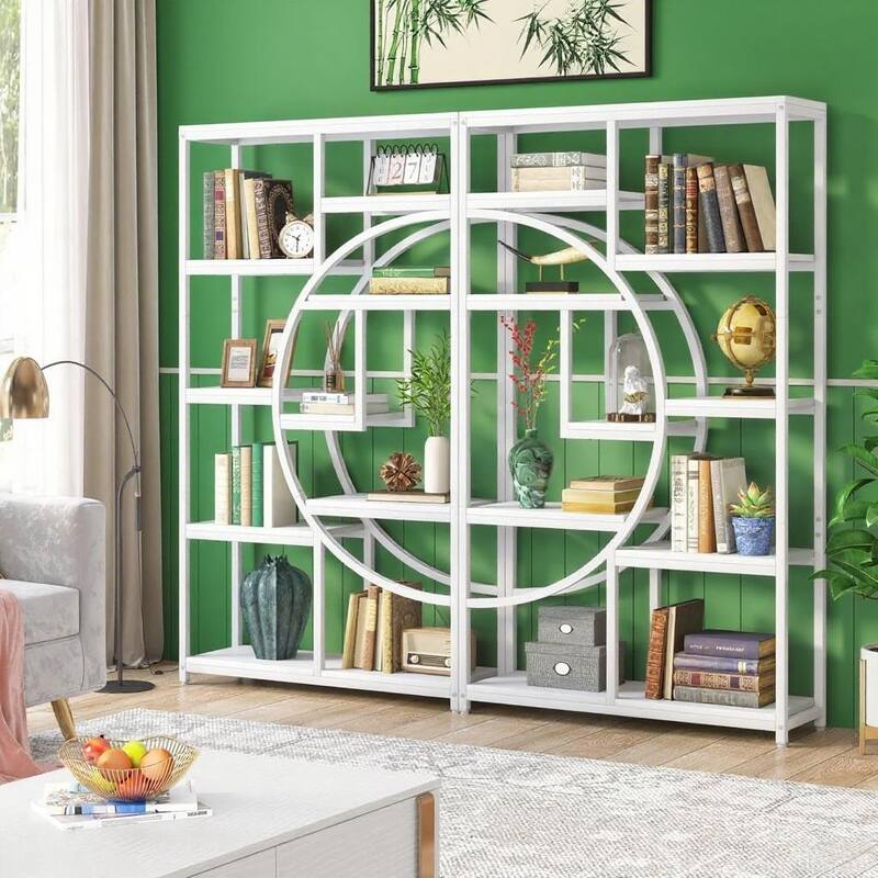69" Tall Geometric Bookcase with 9 Open Shelves Metal Frame and Marble Laminate Top for Living Room - 37.4”L x 11.81”W x 68.89”H