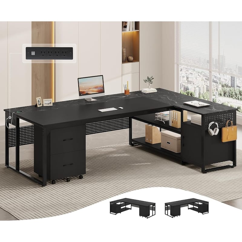 Executive Desk L Shaped Desk File Drawers Power Outlets Computer Desk