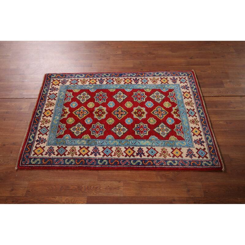 Kazak Accent Rug Hand-Knotted Geometric Red Wool Carpet - 2'8" x 4'1"