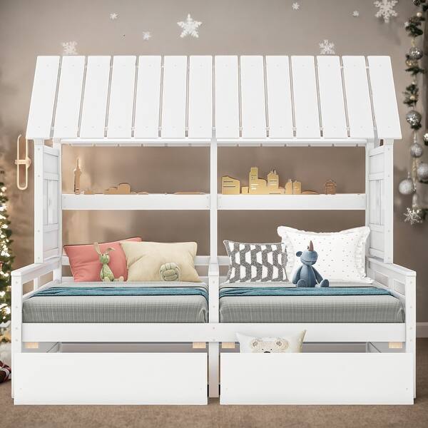 slide 2 of 9, Twin House Platform Beds with Drawers, Side-by-Side White