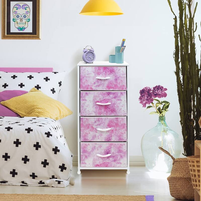 4 Drawer Bedside Nightstand Chest Tower Bedroom Dresser, Pastel Colors