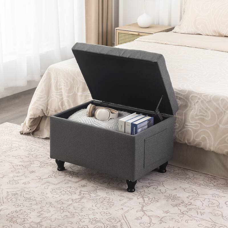 Adeco Linen Fabric Storage Ottoman for Living Room Bedroom