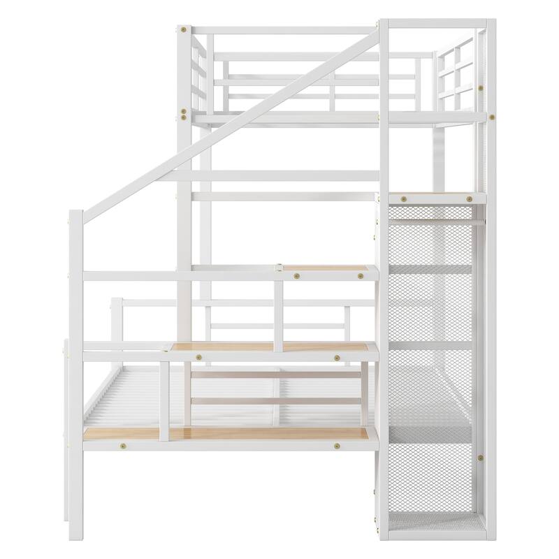 Twin Over Full Metal Bunk Bed with Storage Staircase & Wardrobe - 400LB Capacity
