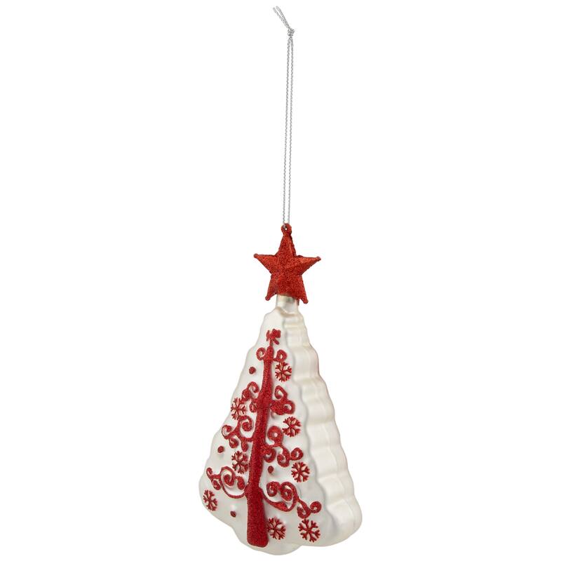 6" White and Red Christmas Tree Glass Ornament