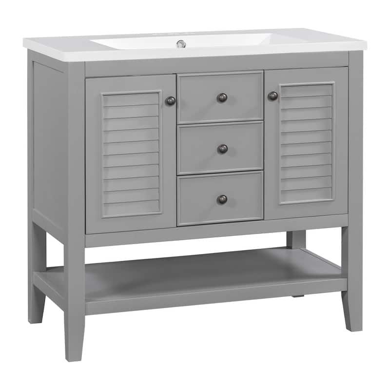 36" Bathroom Vanity with/without Sink, Bathroom Vanity Cabinet with 2 Cabinets and Drawers, Open Shelf, Solid Wood Frame