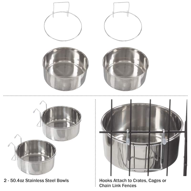 Set of 2 Stainless-Steel Dog Bowls - Cage, Kennel, and Crate Hanging Pet Bowls for Food and Water