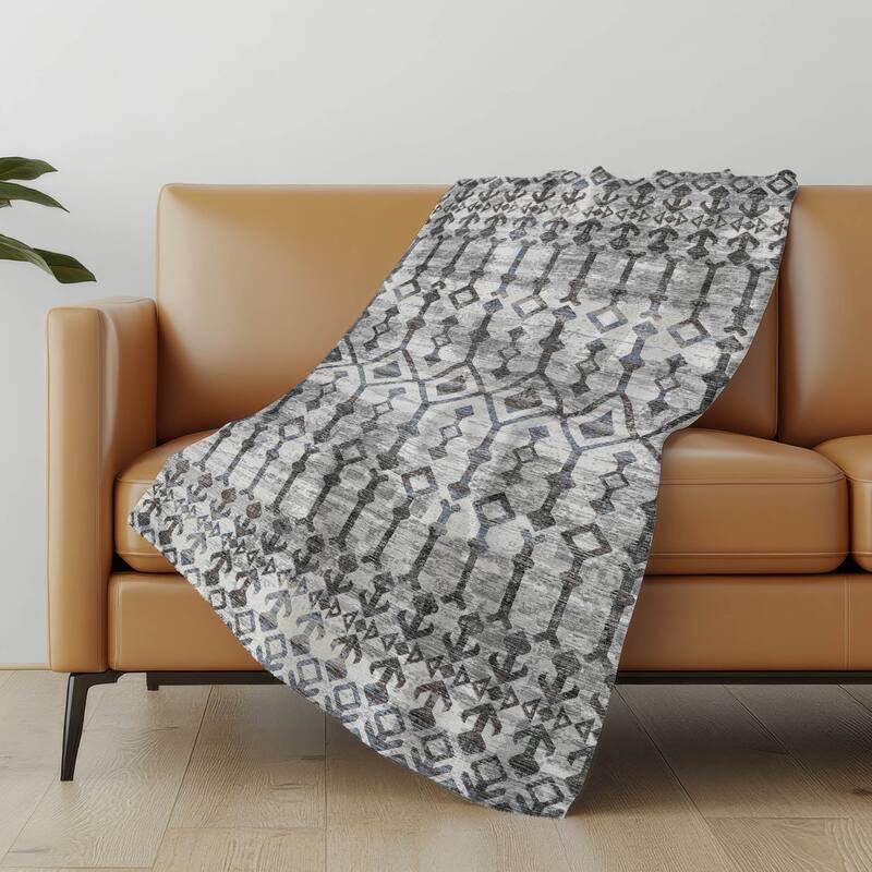 Premium Machine Washable ASB79 Moroccan Boho Sherpa Throw Blanket - Ash - 4'2" x 5'10"