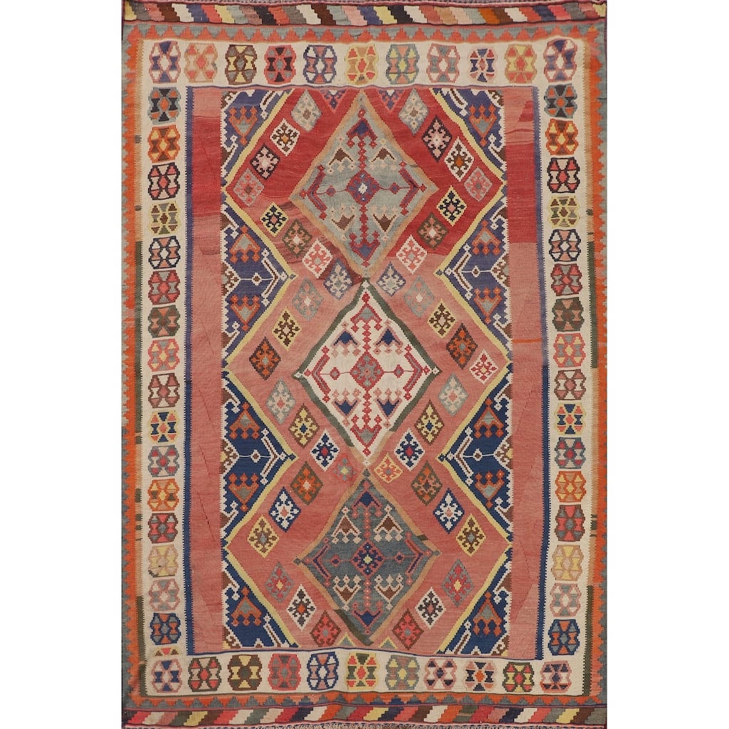 Kilim Qashqai Persian Vintage Rug Flatweave Reversible Wool Carpet - 5'3"x 7'9"