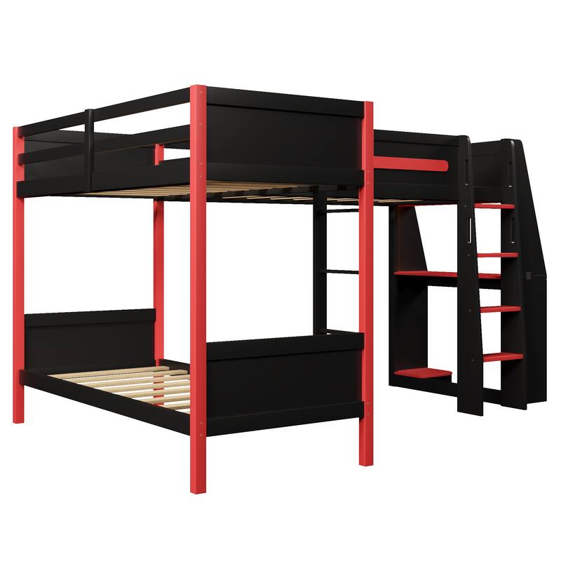Gamer-Inspired Design L-Shaped Twin Over Twin Bunk Bed Teens Gaming Loft Bed with Desk, Shelves and LED Strip Lighting for Boys