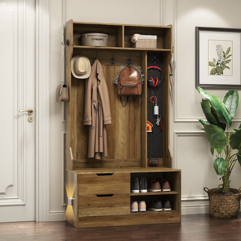 Hall Tree with 4 Hooks,Coat Hanger, Entryway Bench, Storage Bench,for Entrance, Hallwa,brown - Brown