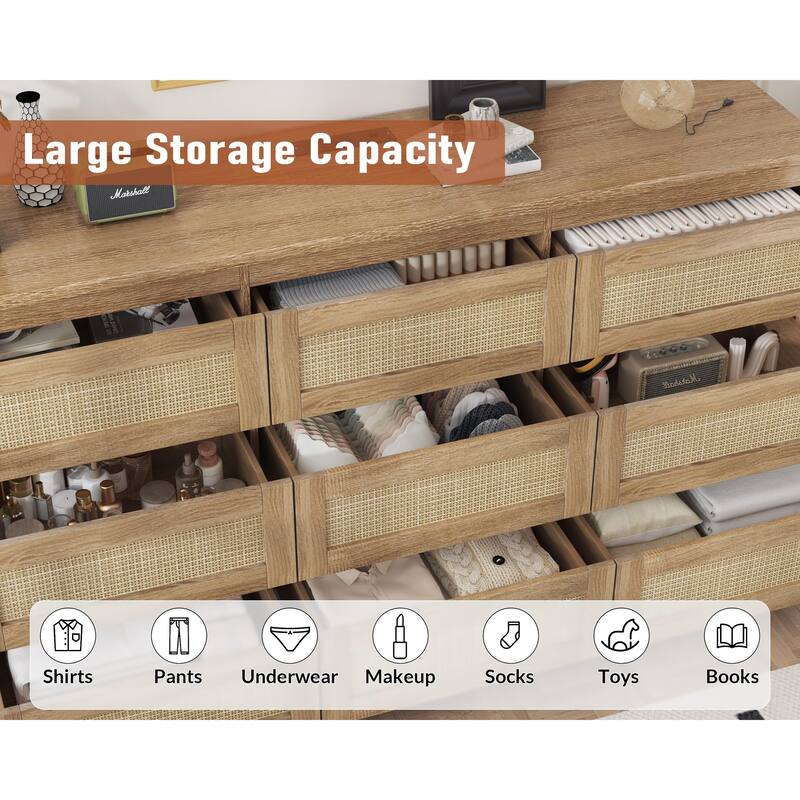 Farmhouse 9-Drawer Dresser with Rattan Accents and Built-In Charging Station, Wooden Storage Cabinet