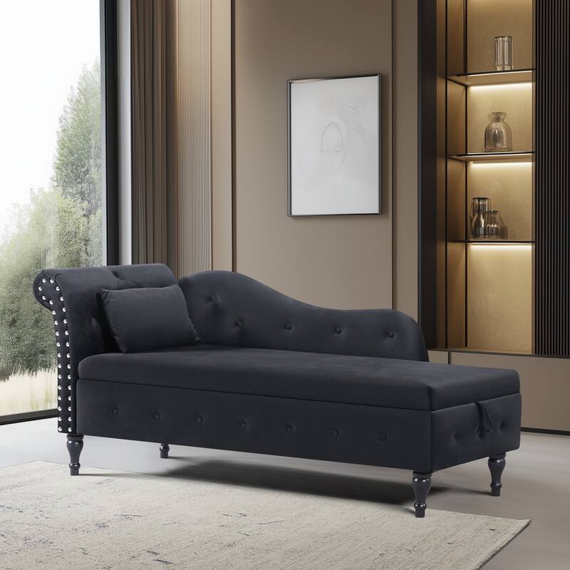 60" Velvet Multifunctional Storage Chaise Lounge Buttons Tufted Nailhead Trimmed Solid Wood Legs with 1 Pillow - Black