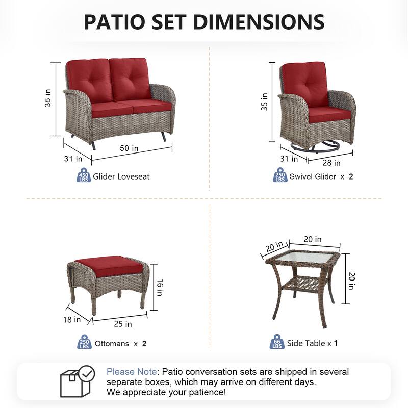 Pocassy 6 Pieces Glider Sofa with Swivel Chairs Ottomans Table