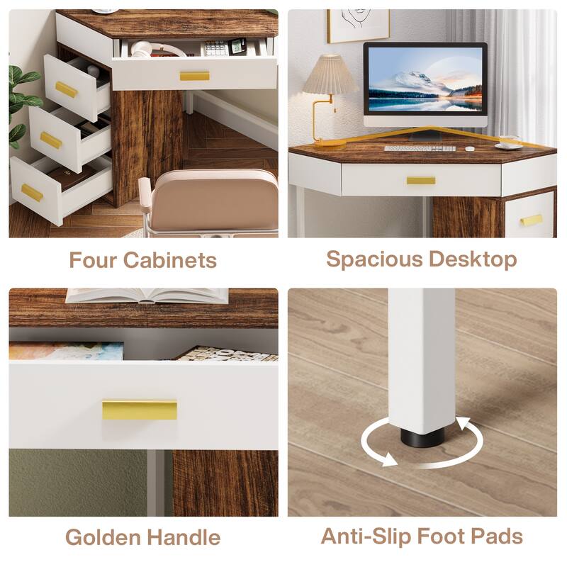 Corner Computer Desk with Drawers, Writing PC Makeup Vanity Storage Desk, Home Office Living Room Bedroom Accent Desk