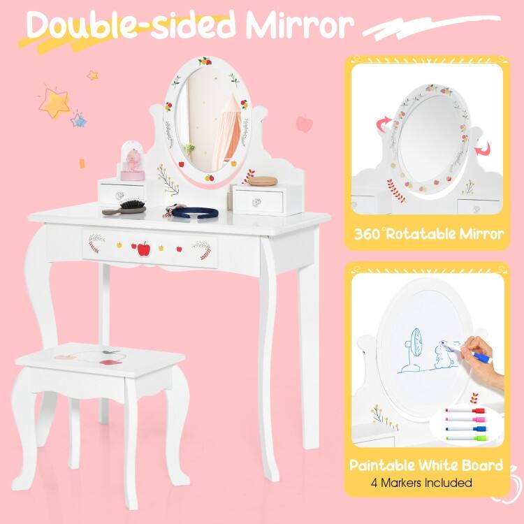 Kids Vanity and Stool Set with 360 Rotatable Mirror and Whiteboard-White - 27.5"L x 14"W x 40"H