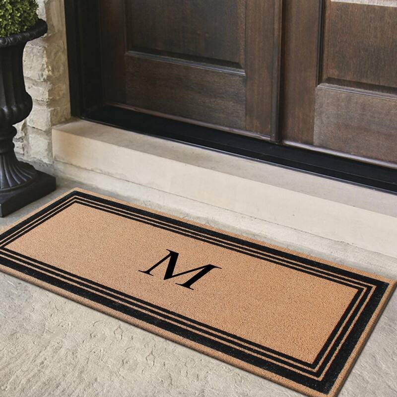 A1HC Natural Coir Monogrammed Flock Anti shed Treated Durable Doormat BlackBeige