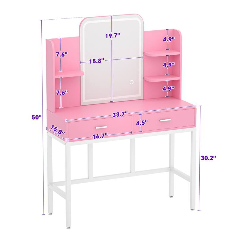 Modern Vanity Desk with LED Mirror, Makeup Table with Storage Drawers and Shelves - N/A