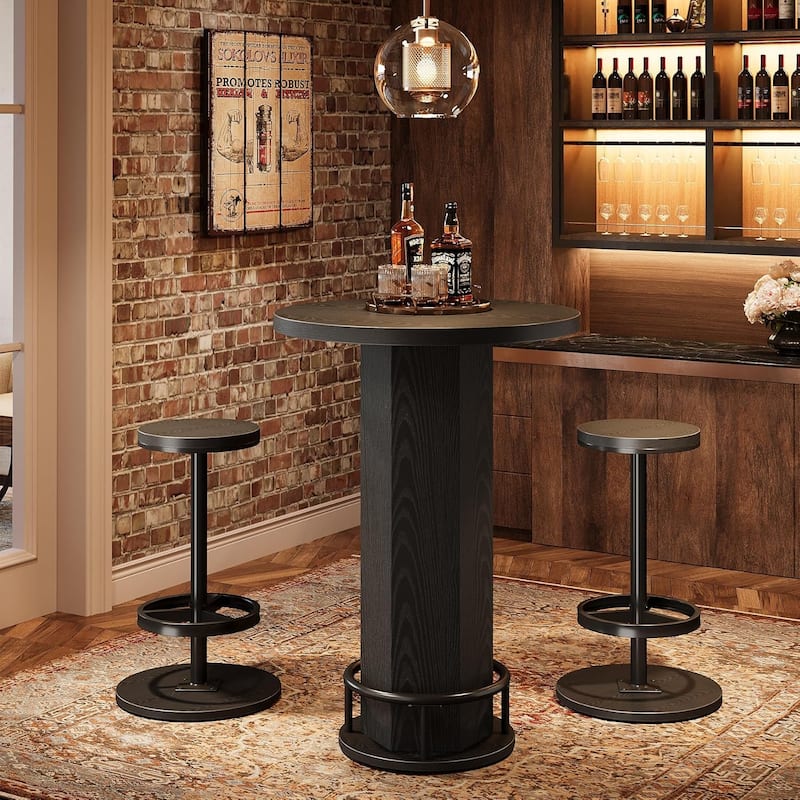 Round Bar Table with Chairs, Industrial Pub Table Bistro Sets with 2 barstools - 11.42" L x 11.42" W x 25.59" H