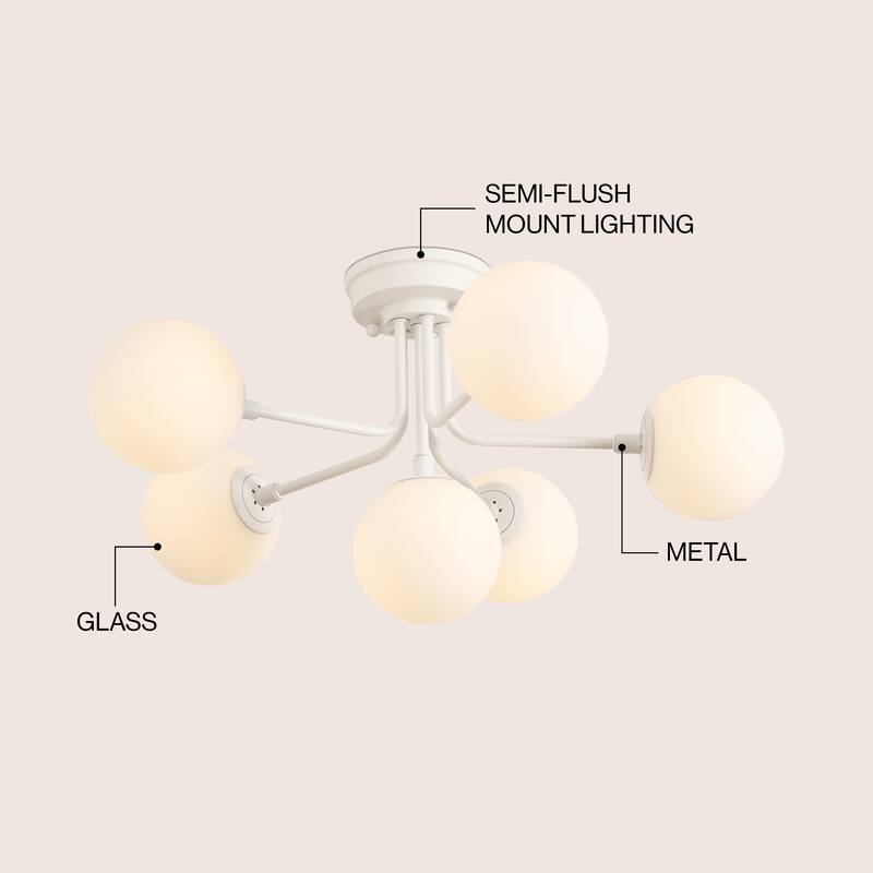 24" 6-Light Globe Modern Industrial Iron Bistro LED Semi Flush Mount, By JONATHAN Y