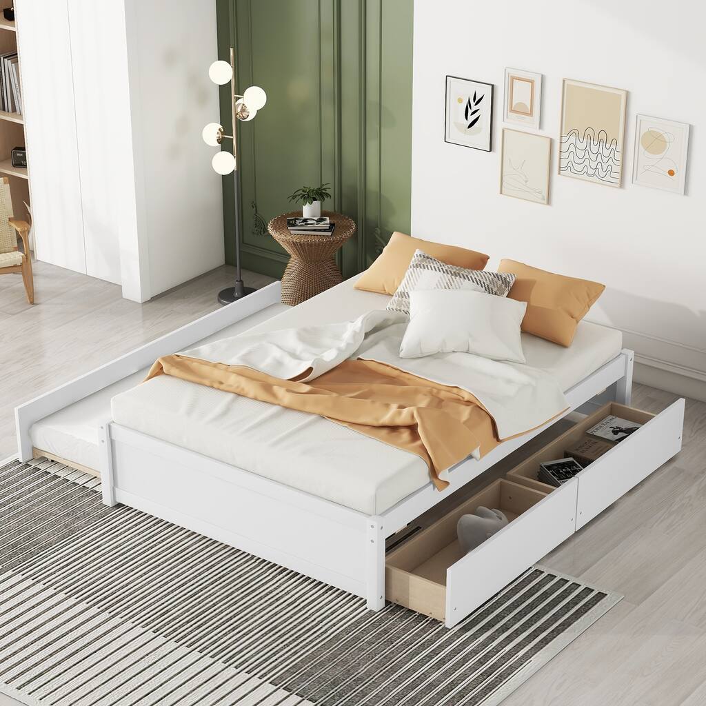 Modern Full Size Bed with Twin Trundle, White Solid Pine Wood Frame, Stylish Design