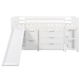 Twin Size Wood Loft Bed with Storage Drawers And Shelves,Full-Length Guardrail and Slide