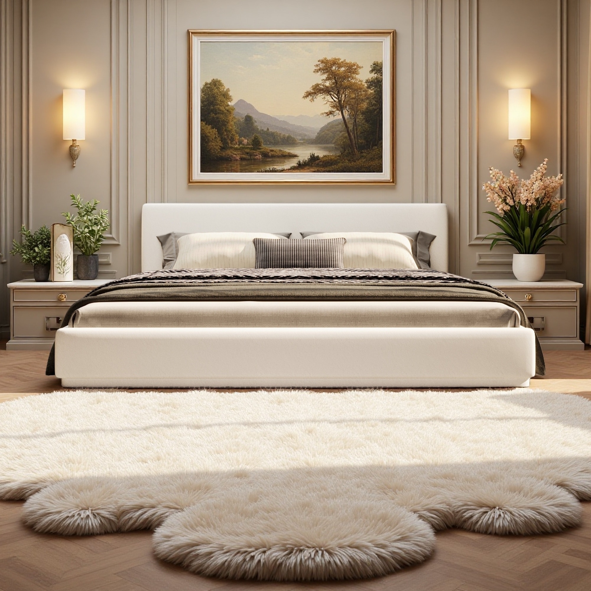 Upholstered Platform Bed with Luxurious Cozy Design and White Finish