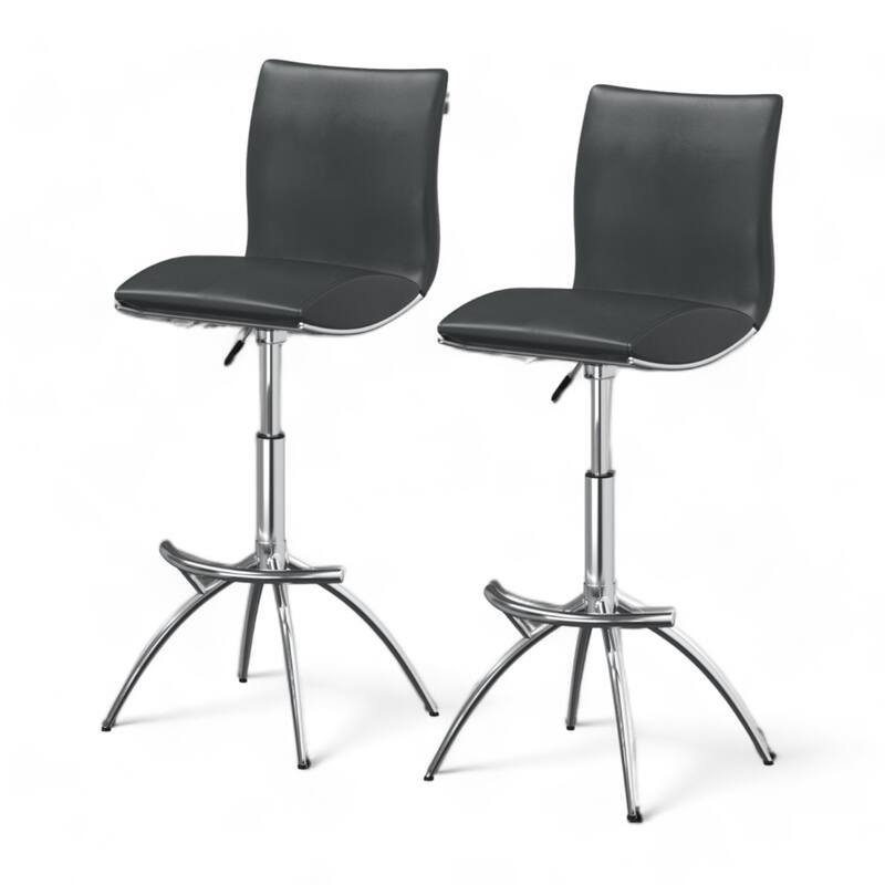 Set of 2 Contemporary Bar Stools with Faux Leather Saddle Seats and Adjustable Metal Base - 39”H x 17”W x 15”D