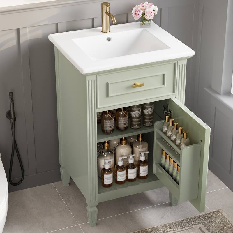 20-Inch Green Bathroom Vanity with Sink, Solid Wood Legs, Adjustable Shelf, Tilt-Out Drawer, Zinc Alloy Knobs