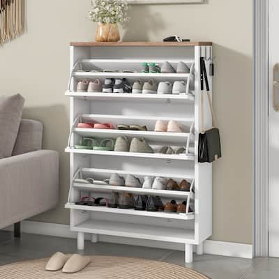 Entryway Shoe Cabinet with 3 Flip Drawers-3 Tiers Shoe Rack--Up to 24 Pairs