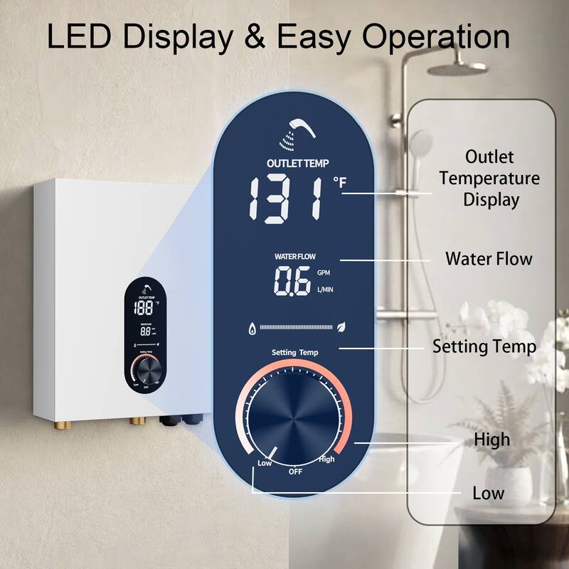 18KW Tankless Electric Water Heater, On Demand Instant Hot Water Heater with LED Temperature Display, 240V Wall Mounted