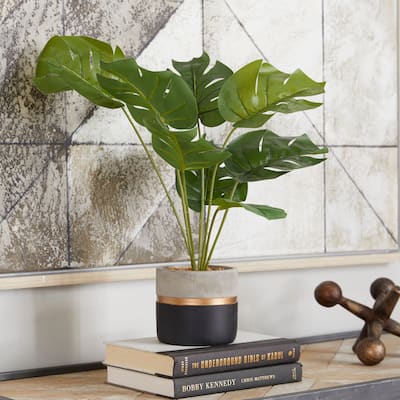 Green Faux Foliage Monstera Artificial Plant with Realistic Leaves and Color Block Pot - 15"L x 11"W x 18"H