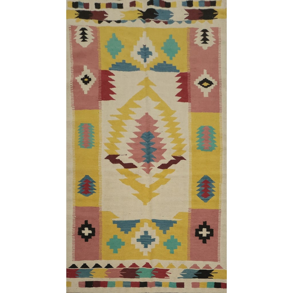 Hand Woven Oriental 100% Wool Carpet Southwestern Tribal Multi-Colored Kilim Area Rug - 6' 8'' X 3' 7''