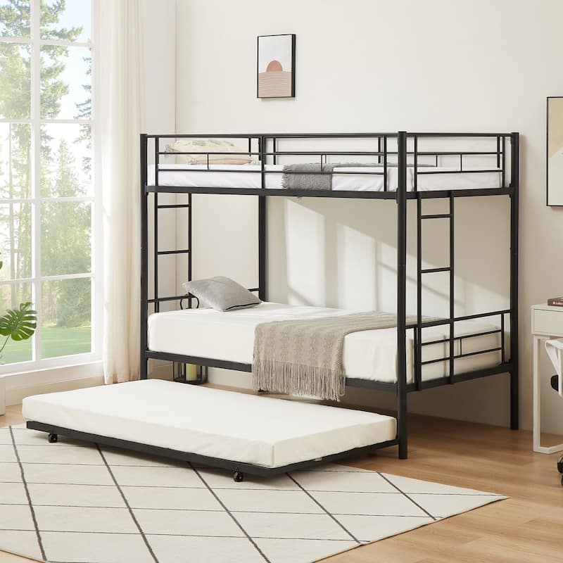 Twin Over Twin Bunk Bed with Trundle, Detachable Twin Bunk Beds w/ 2 Side Ladders & Full-Length Guardrails
