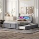preview thumbnail 3 of 11, Queen Size Wood Storage Platform Kids Bed Frame with LED Headboard, Twin Size Trundle, and 2-Drawers, Easy to Assemble, Grey