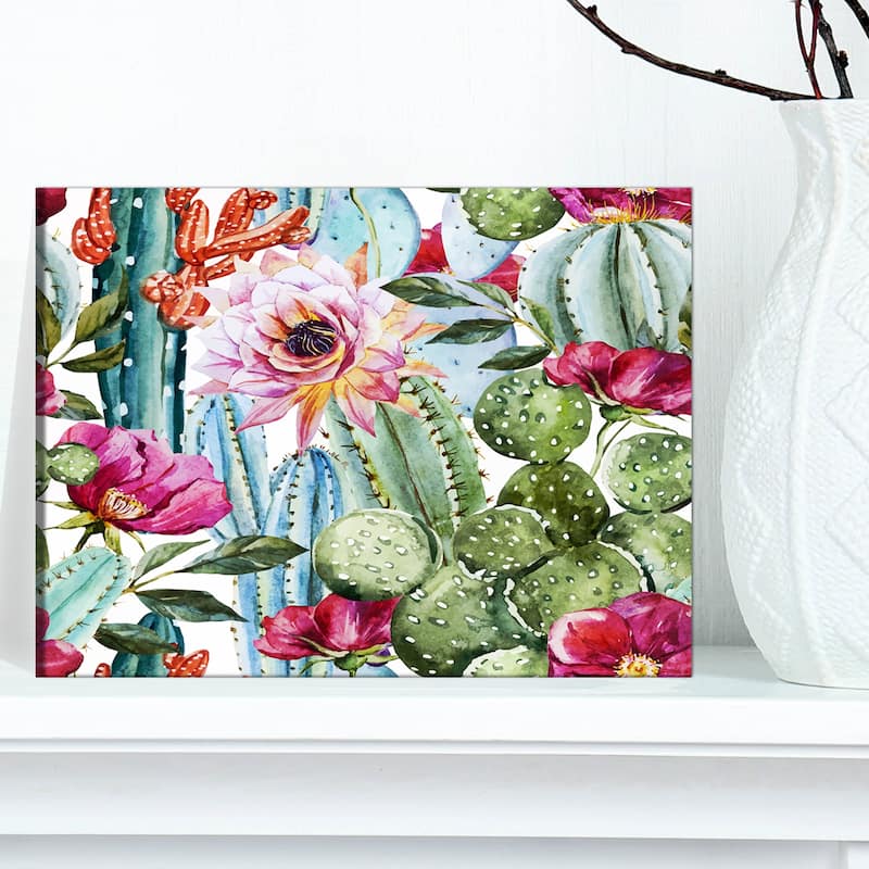 Cactus Pattern Watercolor' Floral Digital Art Canvas Print - Green - 12 in. wide x 8 in. high