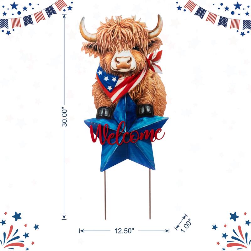 Glitzhome 30"H Patriotic/ Americana Metal Highland Cow Yard Stake Wall Decor (Two Function)