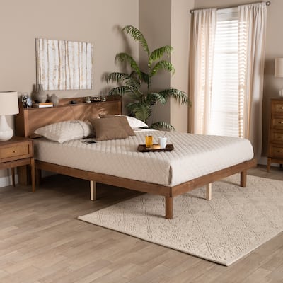 Decker Mid-Century Modern Transitional Walnut Brown Finished Wood Platform Bed with Charging Station