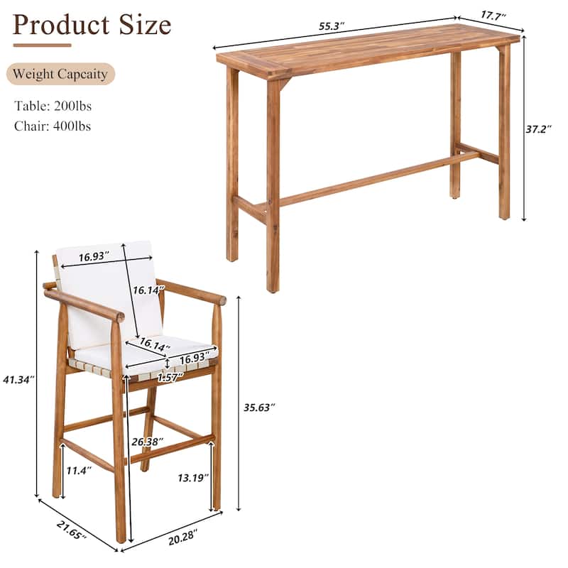 3 Pieces Patio Acacia Wood Bar Height Table and 2 Stools with Cushions