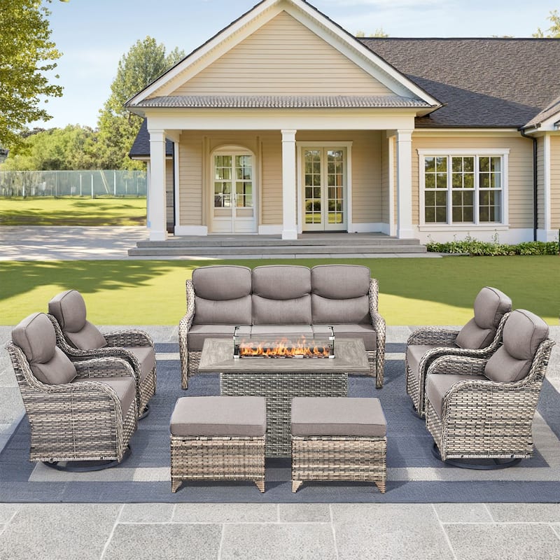 Pocassy 8 Pieces Outdoor 6 Inch Sofa Swivel Chair Ottoman with Fire Table - Gray cushion - Gray Wicker