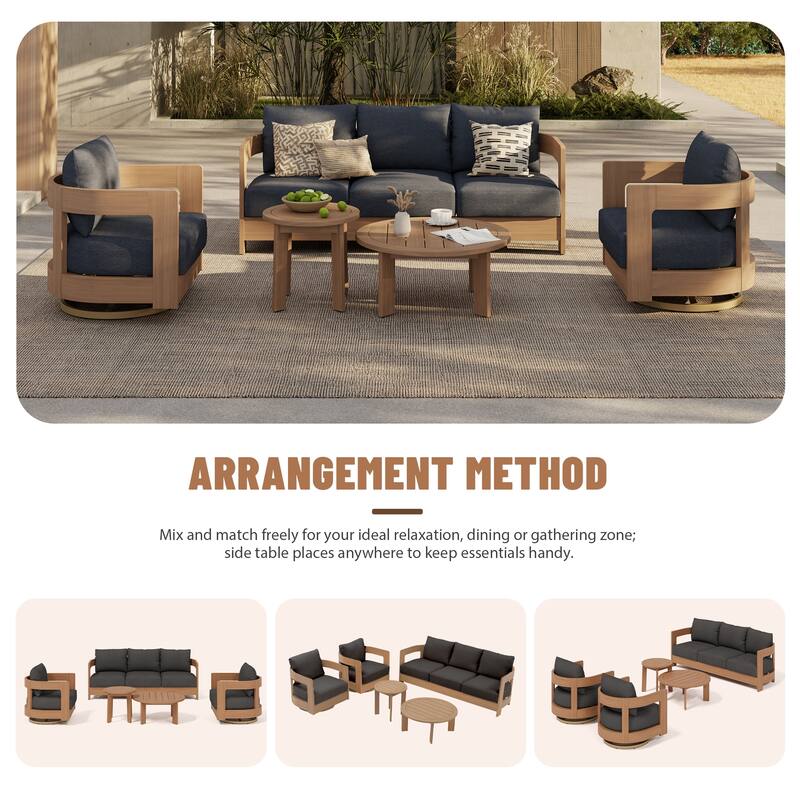 Outdoor 5-Piece Conversation Set Sofa and Swivel Chair with Coffee Table in Eucalyptus Wood
